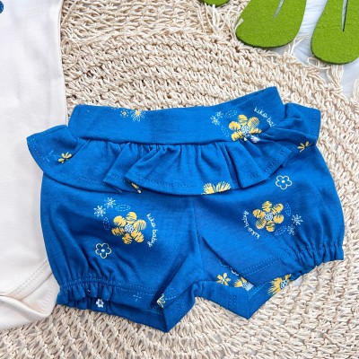 Conj. Body Duas Flores e Short Floral Tropical - Creme e Azul Petróleo 